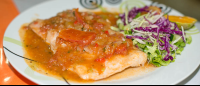        Seabass On Tomatoe Sauce With Salad Restaurante Carolina
  - Costa Rica